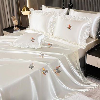 Silk Like Satin Comforter Set with Sheet Set King 8 Pcs White Satin Bedding Set Silky Ruffle Pattern Home Deocr Luxury Hotel Silky Bed in a Bag with 1 Cushion Cover