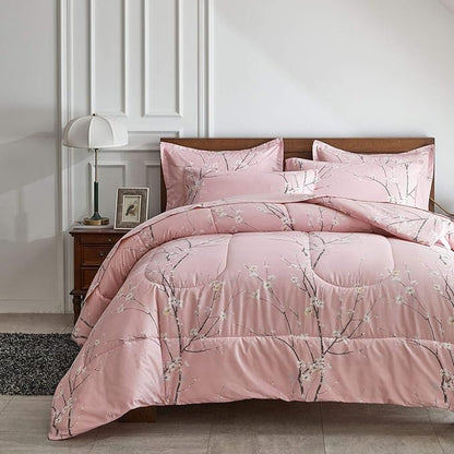 AIKASY Bed in a Bag 7 Pieces Queen Size - Floral Print - Soft Microfiber, Reversible Bed Comforter Set (1 Comforter, 2 Pillow Shams, 1 Flat Sheet, 1 Fitted Sheet, 2 Pillowcases)（Pink）