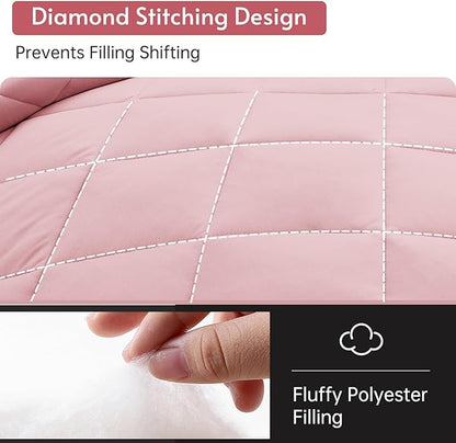 MUXHOMO 7 Pieces Queen Comforter Set, Reversible Bed in a Bag Queen Size, All Season Bedding Set with Comforter, Flat Sheet, Fitted Sheet, Pillowcases & Shams, Light Pink & Ivory