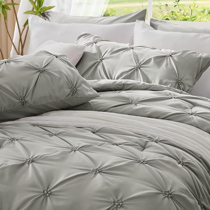 BEDELITE Grey Twin Comforter Set - 2 Peices Boho Pintuck Bedding Comforter Sets, Lightweight Soft & Warm Twin Bedding Sets with 1 Pillowcase for All Season