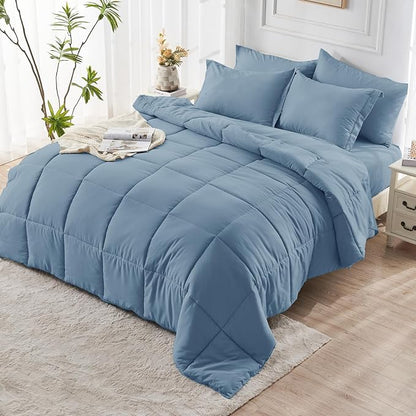 JOLLYVOGUE Twin Comforter Set, Ultra-Soft Bed in a Bag Twin Size 5 Pieces, Oeko-TEX Certified Bedding Set with Down Alternative Comforter, Sheets, Pillowcases & Shams, Dusty Blue