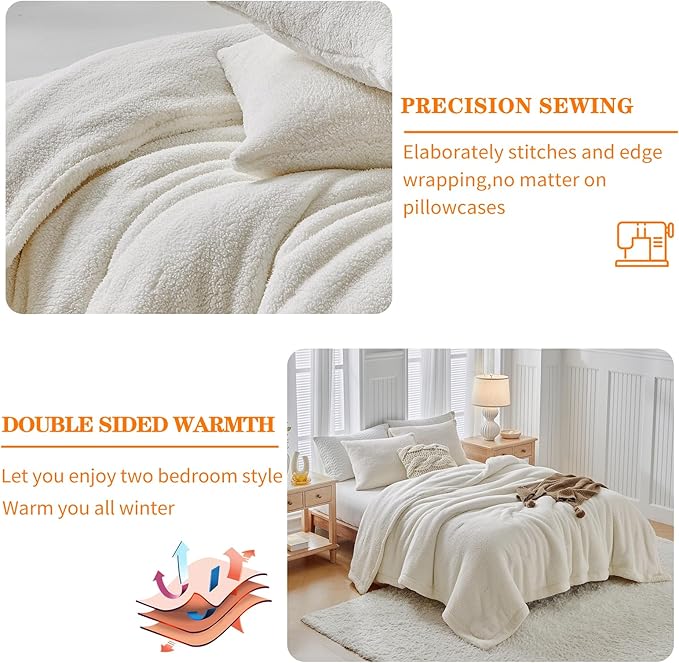 Fluffy King Comforter Set - Sherpa Comforter Set King Size Winter Use Warm Fleece Luxury 3 Pieces Bedding Comforter with 2 Pillow Shams Microfiber Plush Bed Set- Thanksgiving Choice