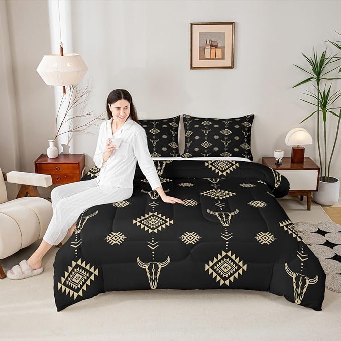 Castle Fairy Cow Skull Kids Comforter Set,Western Cowboy Black Gold Duvet Set for Room Decor,Aztec Bohemia Tribal Exotic Brushed Microfiber Soft Quilt Cover,Full Size 3 PCS