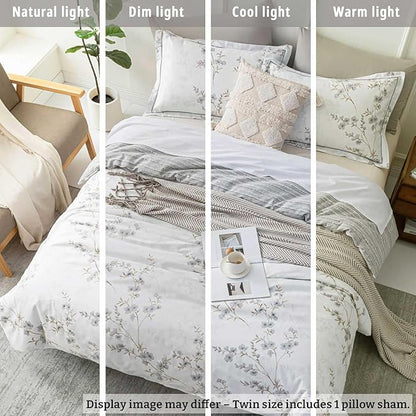 Vintage Botanical White Cotton Comforter Twin Size - Elegant Gray Flowers and Taupe Branches on White, Light Gray Striped Back, 2PC Lightweight Bedding Set with Soft Alternative Fill