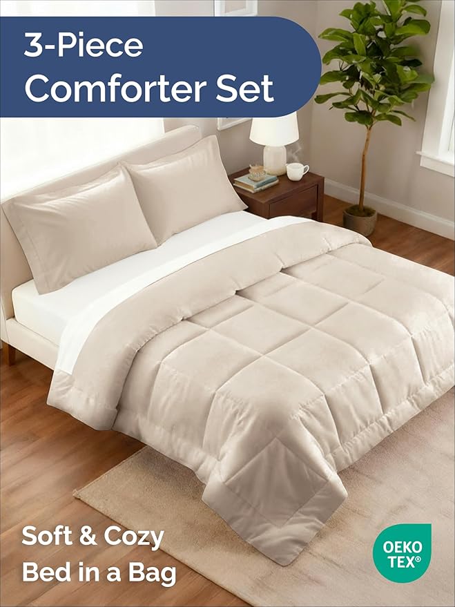 Full Comforter Set - 3 Piece Bed Set for All Seasons - 1 Soft Quilted Comforter with Corner Tabs & 2 Pillow Shams - Comfy, Cozy & Breathable - Premium Down Duvet Insert - Oeko-TEX - Full Size, Wheat