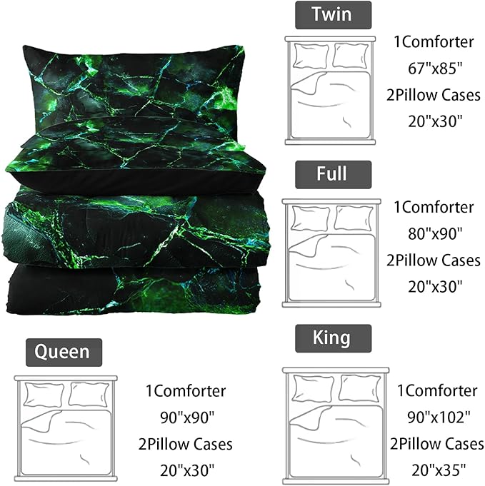 Green Comforter Set King Size，Green Marble Bedding Set 3 Pcs Bedding for Adults, Marble Room Decor with Comforter and 2 Pillowcases Soft and Lightweight B-Side Black