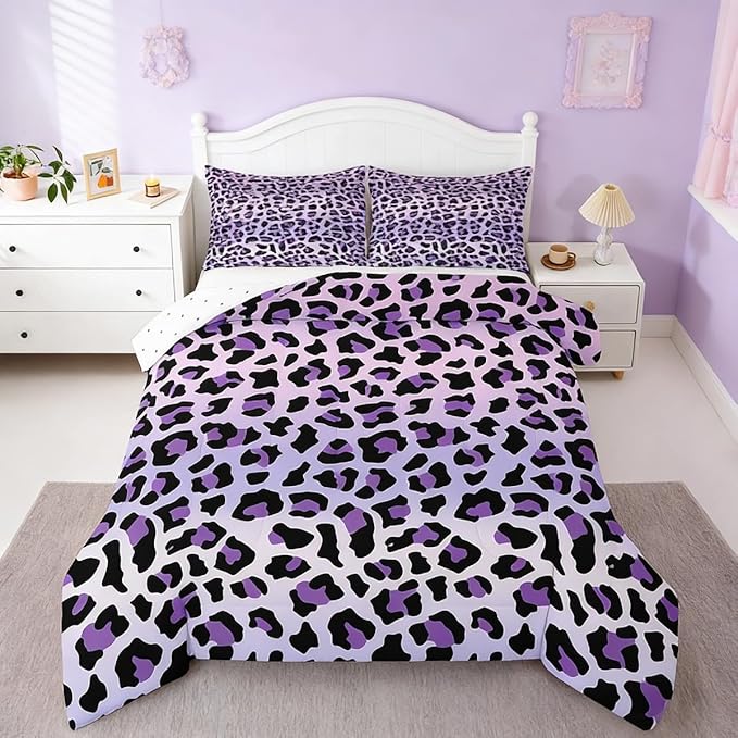 Feelyou Purple Leopard Bedding Set Cheetah Comforter Set for Kids Boys Girls Teens Room Decor Animal Print Comforter King Size Safari Duvet Set 3Pcs