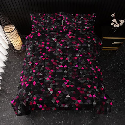 Geometric Pink Black Comforter Set,Triangle Honeycomb 3 PCS Bedding Set Full Size for Teen Adult,Modern Quilt Set Geometry Decor,Microfiber Lightweight 1 Comforter 2 Pillowcases