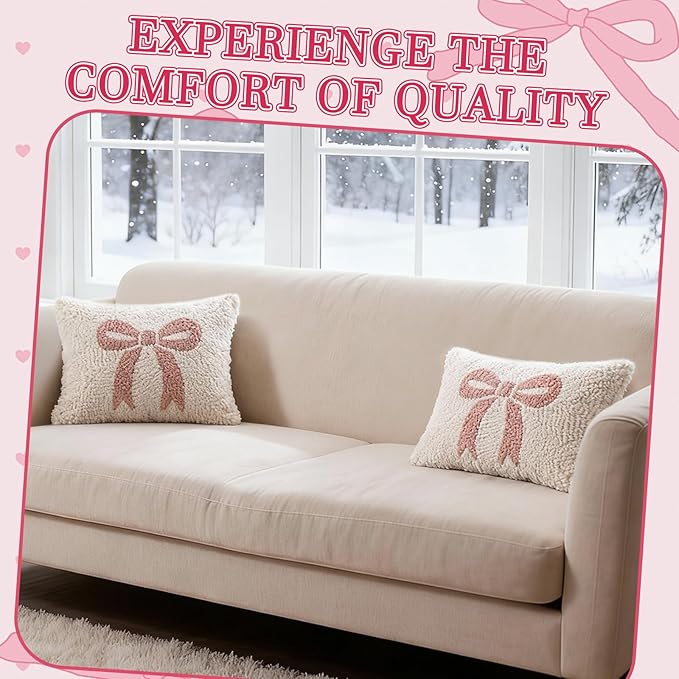 Peryiter Handicraft Bow Throw Pillow 12'' x 8'' Coquette Needlepoint Throw Pillow Cute Bow Decor Gift for Home Decoration Party Decor, Couples, Wedding, Room Cushion