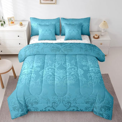 Erosebridal Gothic Damask Comforter Set 7 Piece Bed in a Bag Twin,Exotic Moth Bedding Sets Teal Victorian Floral Goth Sheet Set with Comforter