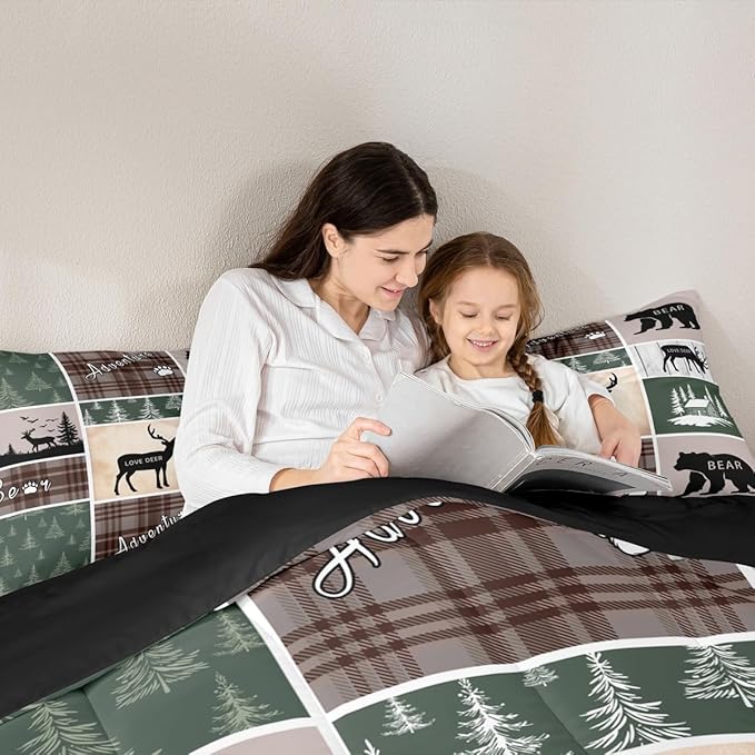 Rustic Cabin Lodge Bedding King Size, Bear Deer Elk Comforter Set Vintage Farmhouse Adventure Quilt Woodland Forest Animal Grid Claw Bedding Comforter Sets Rustic Farmhouse Home Decor, Green Brown