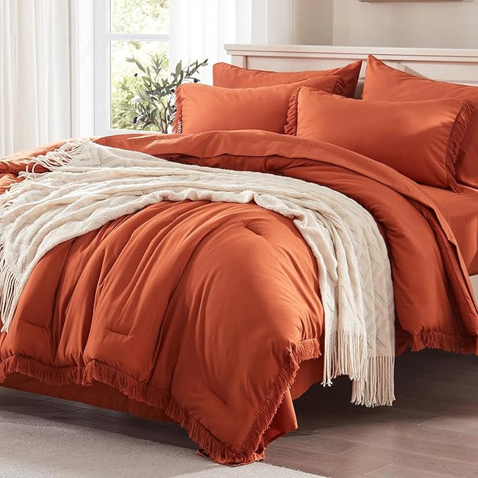 Anluoer Queen Comforter Set 7 Piece with Sheets, Burnt Orange Boho Bed in a Bag Queen, Lightweight Terracotta Bedding Sets