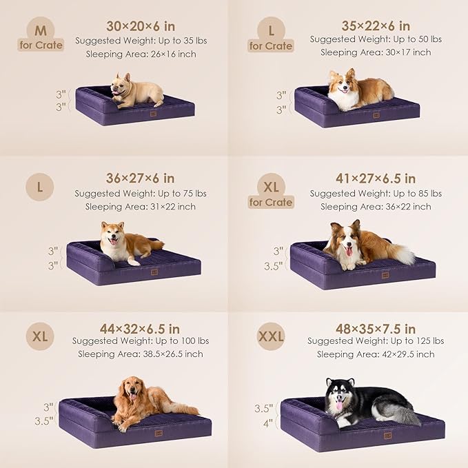 EHEYCIGA Extra Large Dog Bed Othorpedic, Memory Foam XL Dog Bed with Washable Removable Cover, Waterproof Pet Sofa Couch XLarge Size Dogs with Nonskid Bottom, 44x32x6.5, Purple