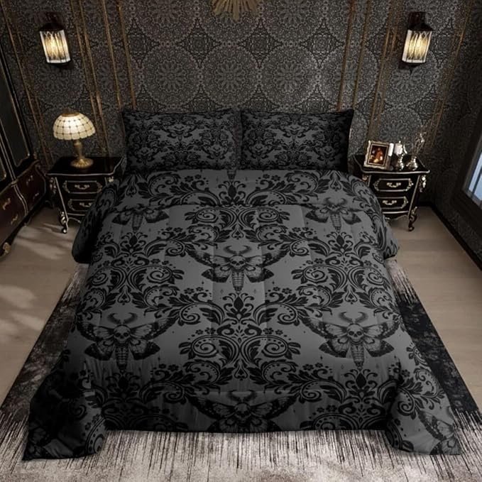 Feelyou Adults Gothic Comforter Set Twin Size Dark Olive Green Damask Comforter Death Moth Bohemia Boho Bedding Set Goth Skull Duvet Set Vintage Victorian Baroque Floral Quilt Set 2Pcs