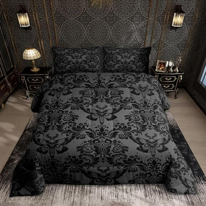 Feelyou Adults Gothic Comforter Set Full Size Dark Olive Green Damask Comforter Death Moth Bohemia Boho Bedding Set Goth Skull Duvet Set Vintage Victorian Baroque Floral Quilt Set 3Pcs