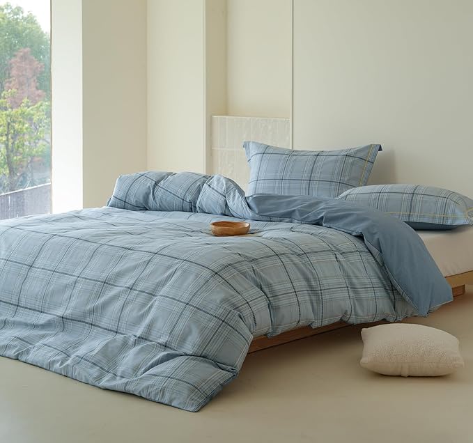 Queen Size Blue Plaid Comforter Set, 3Pcs Cotton Duvet for All Seasons, Warmth Breathable Bedding Set with 1 Lightweight Comforter and 2 Pillow Shams