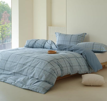 Queen Size Blue Plaid Comforter Set, 3Pcs Cotton Duvet for All Seasons, Warmth Breathable Bedding Set with 1 Lightweight Comforter and 2 Pillow Shams