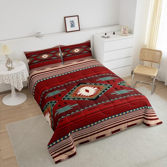 Feelyou Red Rustic Western Comforter Set Southwest Native Tribal Twin Size Bedding Set for Kids Boys Girls Geometric Boho Comforter Soft Microfiber West Bedroom Decor