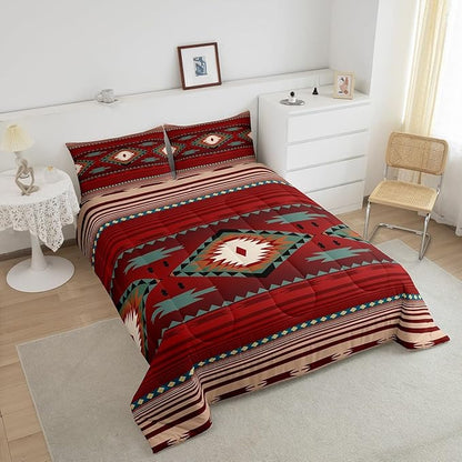 Feelyou Red Rustic Western Comforter Set Southwest Native Tribal Toddler Size Bedding Set for Kids Boys Girls Geometric Boho Comforter Soft Microfiber West Bedroom Decor
