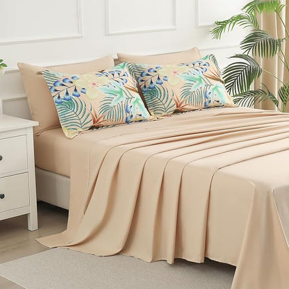 Yogeneg 7 Piece Bed in a Bag King Size Comforter Set Khaki Bedding Set,Yellow Floral Green Leaves Pattern Reversible Design,Soft Microfiber Comforter with Sheet Set,All Season(Khaki,King)