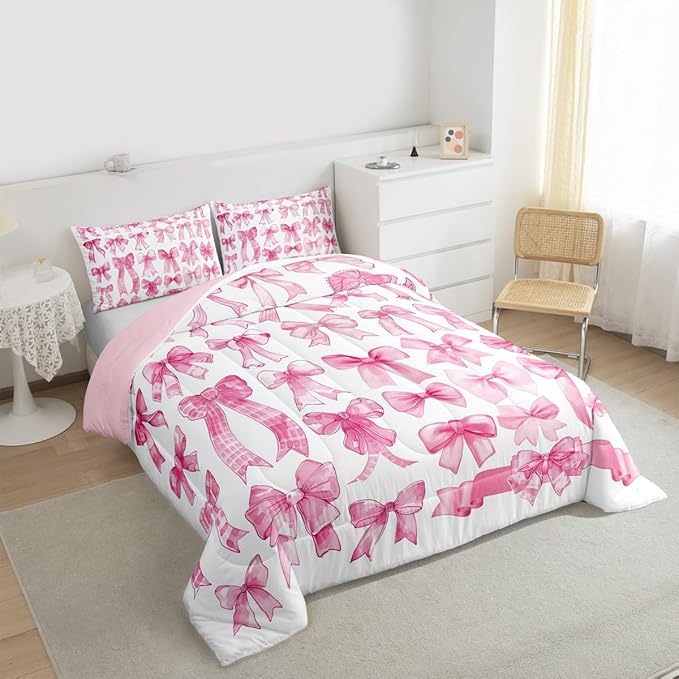 Castle Fairy Pink Bow Comforter Set King Size,Pink Grid Bedding Set 3Pcs for Kids Teens Adults Room Decor,Cute Bow Down Comforter Fashion Preppy Bedding Comforters,2 Pillowcases
