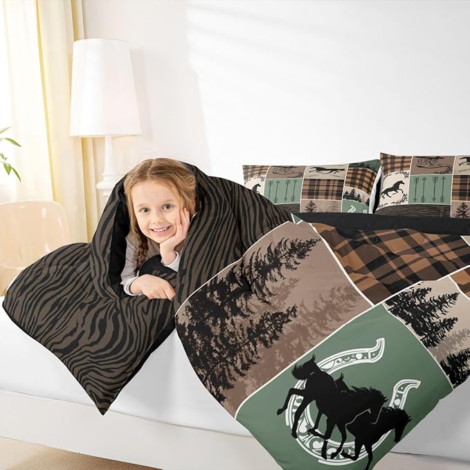 Erosebridal Horse Comforter Set Full Size, Western Cowboy Cowgirl Bedding Set for Kids Boys Teens Bedroom, Forest Arrow Horseshoe Patchwork Duvet Insert Retro Geometric Plaid Quilt Cabin Lodge Decor
