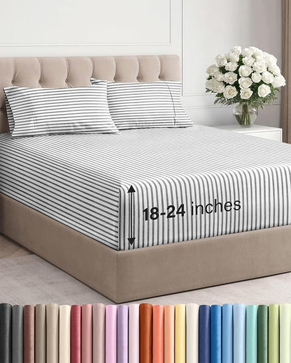 Extra Deep Twin XL Sheet Set - 4 Piece Breathable and Cooling Sheets - Hotel Luxury Bedding for Women, Men, Kids & Teens - Easy Secure Fit - Soft & Wrinkle Free with Extra Deep Pockets - Grey Stripes