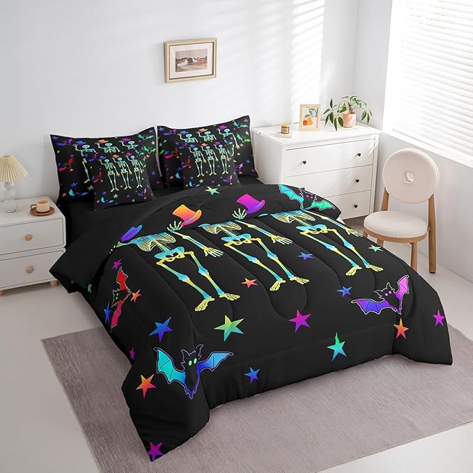Erosebridal Sugar Skull Bed in a Bag King Size Comforter Set 7 Pieces,Gothic Skeleton Halloween Decor,Bedding Sets Galaxy Stars Sheet Set with Comforter