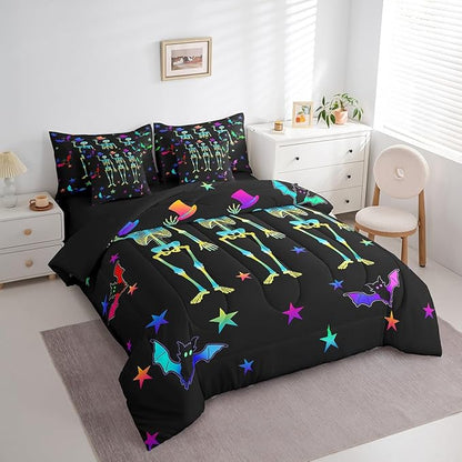 Erosebridal Sugar Skull Bed in a Bag King Size Comforter Set 7 Pieces,Gothic Skeleton Halloween Decor,Bedding Sets Galaxy Stars Sheet Set with Comforter