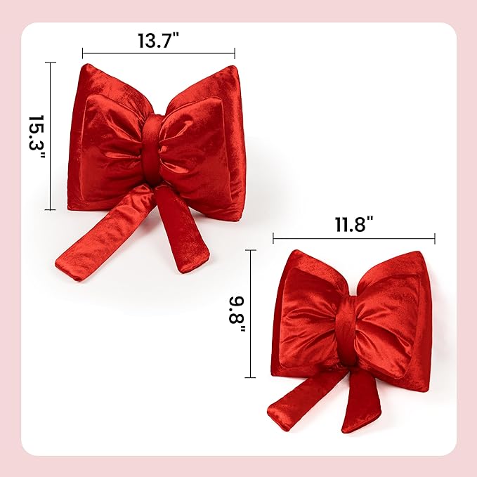 AELS Bow Pillow Decorative Throw Pillow Set of 2, Shining Velvet Cute Pillow Cute Pillow for Valentine's Day, Wedding, Christmas, Living Room, Bedroom, Nursery Decor, Red