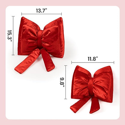 AELS Bow Pillow Decorative Throw Pillow Set of 2, Shining Velvet Cute Pillow Cute Pillow for Valentine's Day, Wedding, Christmas, Living Room, Bedroom, Nursery Decor, Red