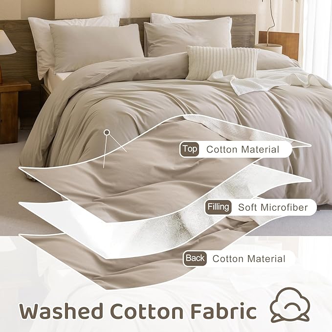 Sanracie King Comforter Set, Cotton Linen Feel Textured Comforter Set, Simple Neutral King Bedding Set 3pcs(1 Aesthetic Solid Comforter + 2 Pillowcases) Soft Lightweight
