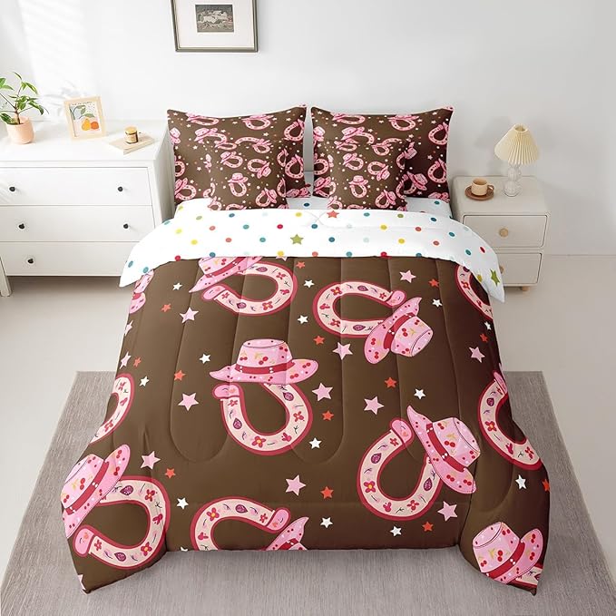 Feelyou Pink Western Cowgirl Comforter Set with Sheets Twin Size Kids Rodeo Horseshoe Hat 7 Pieces Bedding Set for Boys Girls Teens West Cowboy Bed in a Bag Grunge Design Bed Set
