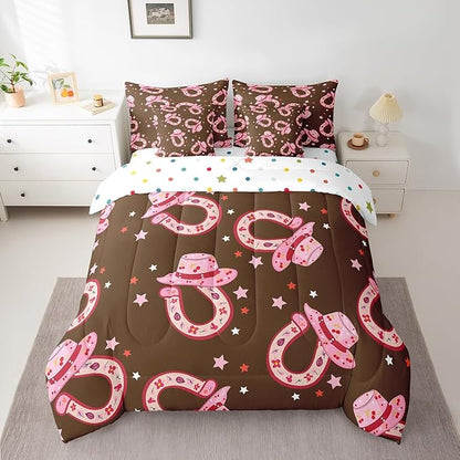 Feelyou Pink Western Cowgirl Comforter Set with Sheets Queen Size Kids Rodeo Horseshoe Hat 7 Pieces Bedding Set for Boys Girls Teens West Cowboy Bed in a Bag Grunge Design Bed Set