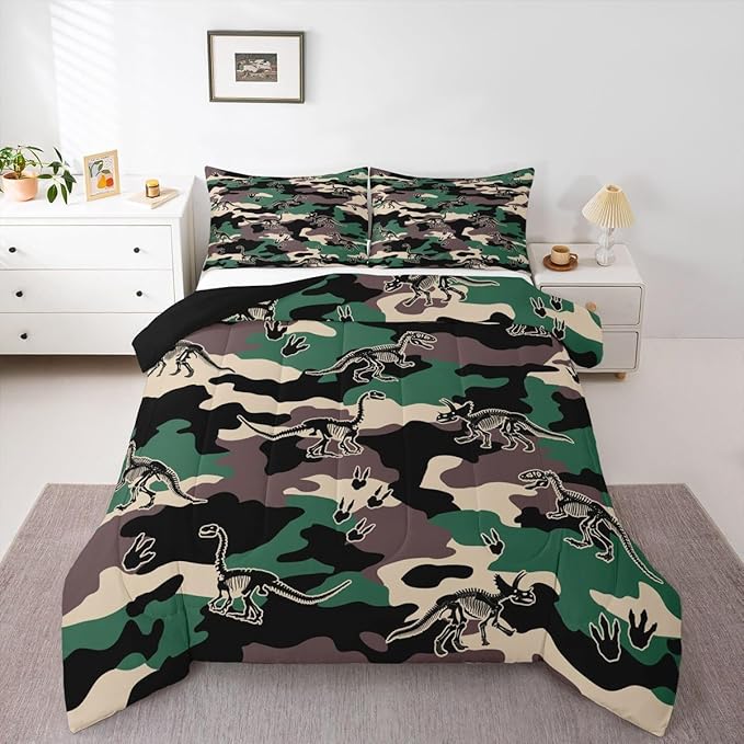 Erosebridal Army Camouflage Comforter Set Toddler Size Camo Dino Bedding Set for Kids Boys Girls 3D Vintage Hunting Theme Comforter Dinosaur Skeleton Farmhouse Green Quilt Bedroom Decor