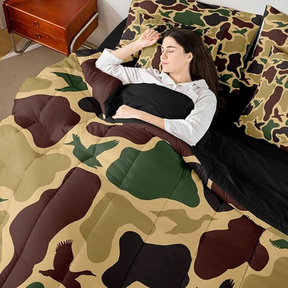 Erosebridal Camouflage Military 7 Piece Bedding Set King Duck Hunting Comforter Set with Sheets Farmhouse Woodland Bed in a Bag Camo Huner Bed Sets Comforter