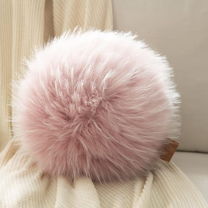 Ashler Plush Round Pillows, Ball Throw Pillow with Handle, Faux Fur Luxury Soft Decorative Cushion, Modern Home Decor Fluffy Round Pillow for Sofa, Bed, Chair, Light Pink, 9 x 9 inch