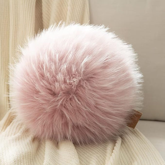 Ashler Plush Round Pillows, Ball Throw Pillow with Handle, Faux Fur Luxury Soft Decorative Cushion, Modern Home Decor Fluffy Round Pillow for Sofa, Bed, Chair, Light Pink, 9 x 9 inch