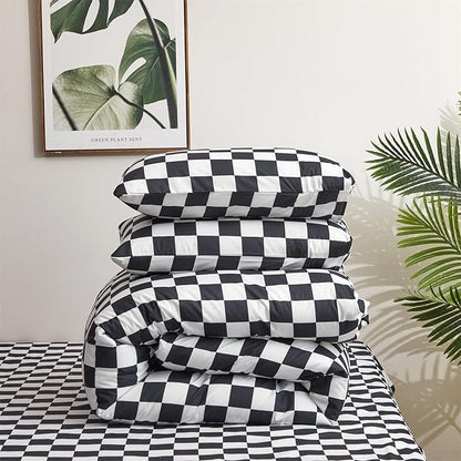 Pureant Black White Plaid Comforter Set King Size Black Checkerboard Grid Bedding Comforter Women Men Grid Quilts Soft Modern Black Buffalo Grid Comforter Boho Checkered Geomertic Bed