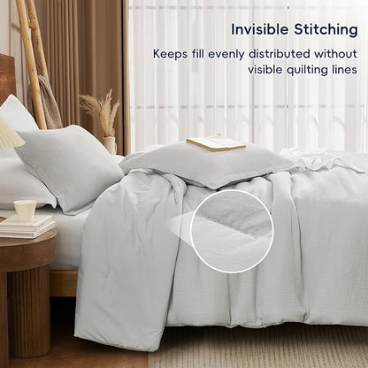 PHF Cotton Muslin Comforter Set Queen Size, Ultra Soft, Breathable & Lightweight All-Season Bedding, Filling: 100% Polyester, 3 Pieces with 1 Comforter 90"x90" and 2 Pillow Shams 20"x26", Light Grey