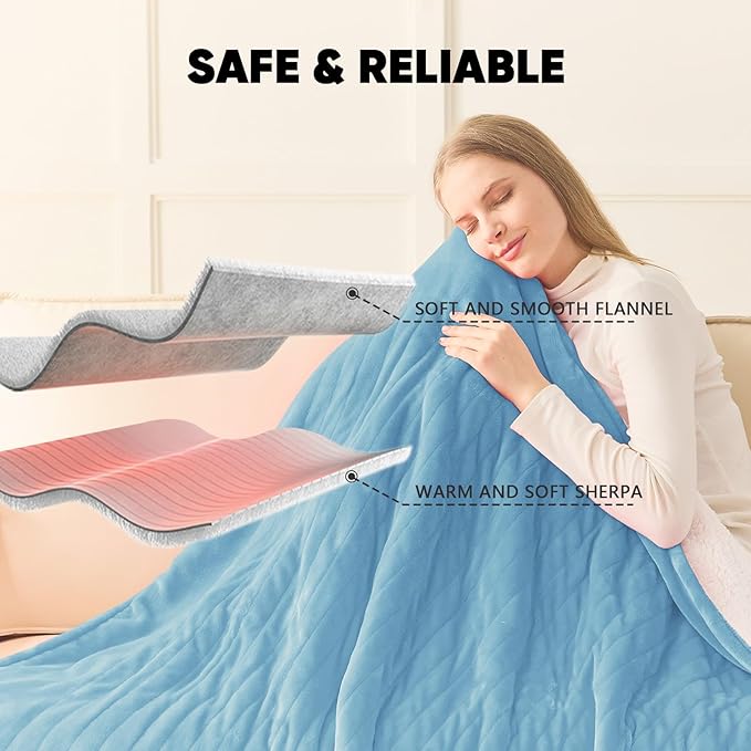 greenoak Heated Blanket Electric Twin 62"X84", Heating Blankets with 10 Levels 8 Hours Auto-Off, Soft Flannel Sherpa Fluffy House Warming Gifts for Grandma Seniors Momt, Pale Blue