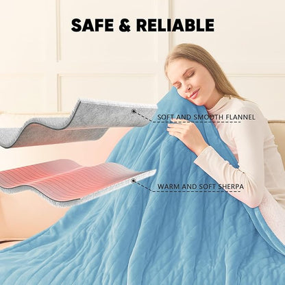 greenoak Heated Blanket Electric Twin 62"X84", Heating Blankets with 10 Levels 8 Hours Auto-Off, Soft Flannel Sherpa Fluffy House Warming Gifts for Grandma Seniors Momt, Pale Blue