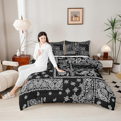 Manfei Paisley Comforter Set King Size, Boho Style Jacquard Paisley Flower Bedding Set 3pcs, Black and White Floral Print Down Comforter, Kids Teens Women Room Decor, 2 Pillowcases, No Sheets