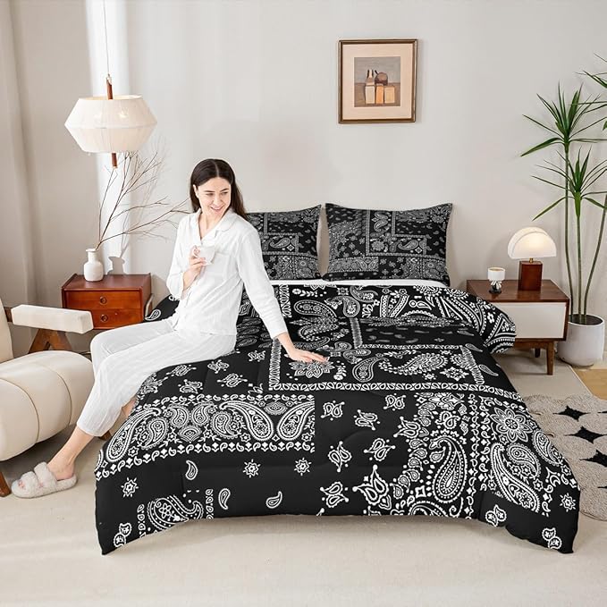 Manfei Paisley Comforter Set Queen Size, Boho Style Jacquard Paisley Flower Bedding Set 3pcs, Black and White Floral Print Down Comforter, Kids Teens Women Room Decor, 2 Pillowcases, No Sheets