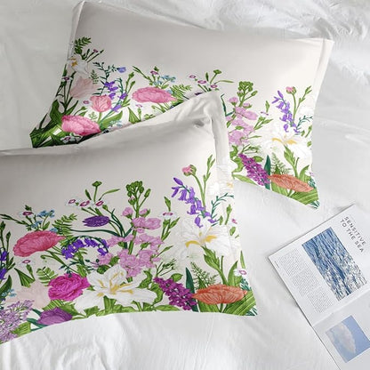 Comforter Set Queen Size, Floral Spring Summer 3 Pcs Soft Bedding Set for Kids and Adults, Flower Botanical Tulip Comforter Set with 2 Pillowcases, for Bedroom Bed Decor
