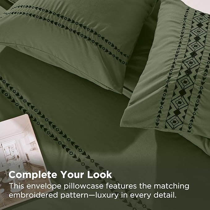 Embroidered Boho Comforter Set Full Size, 3-Piece Western Shabby Chic Bedding Set - Fluffy Ultra Soft Microfiber with Intricate Design, Includes 1 Green Comforter(82"x86") & 2 Pillowcases