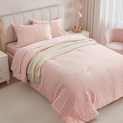 Zzlpp Twin Comforter Set - 5 Pieces, Pink Seersucker Bed in a Bag with Comforter, Pillow Sham, Pillowcase, Flat Sheet, Fitted Sheet