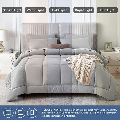 Sasttie Full Size Comforter Sets, 7 Pieces Bed in a Bag Full, Complete Bedding Set Includes Comforter, Flat Sheet, Fitted Sheet, Pillowcases and Pillow Shams, Light Grey