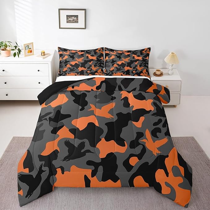 Erosebridal Hunting Duvet Insert King Size Camouflage Bedding for Kids Army Wild Duck Bedding Comforter Sets Vintage Orange Grey Mallard Duck Bedroom Decor Wild Animal Duck Rustic Comforter Set