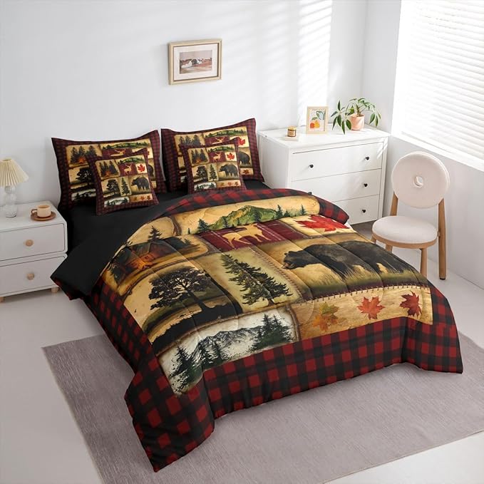 Erosebridal Bear Cabin Plaid 7 Piece Comforter Set Twin,Rustic Farmhouse Bed in a Bag,Retro Hunting Deer Bedding,Country Woodland Pine Tree Quilt Set,Maple Leaf Lodge Fitted Sheet,Red Black Brown